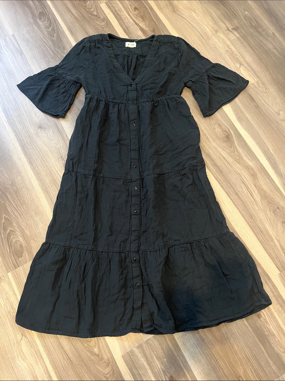 Womens PACT 100% Cotton Black Button-Front Tiered Dress - Picture 1 of 8